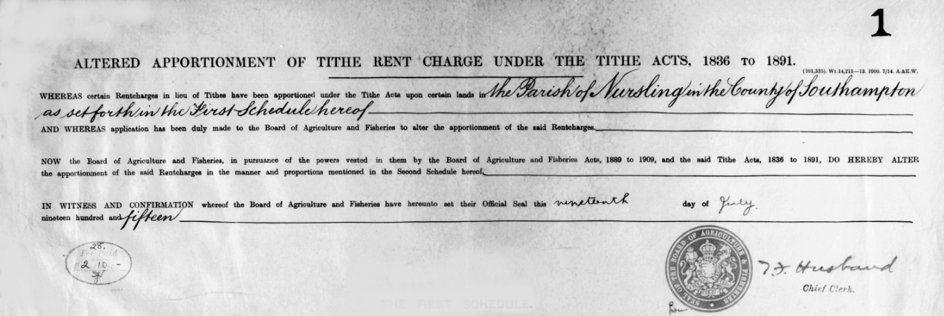 Tithe Apportionment Nursling Altered Apportionment